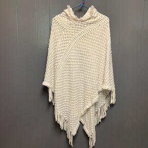 Cream fringe poncho with hood SZ OSFM